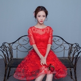 敬酒服2016新款韩版新娘结婚红色礼服裙修身短款生日礼服晚礼服女