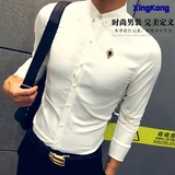 秋季韩版衬衫男长袖青年休闲发型师修身英伦纯色白色免烫伴郎衬衣