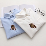 2016秋冬新款韩版猫头刺绣清新白色棉质长袖衬衫女士学生打底衬衣