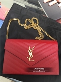 香港专柜代购 YSL圣罗兰牛皮18K金大红色链条手拿单肩包 多色