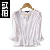 MIUCO女装2016夏新款性感镂空刺绣花边V领荷叶边上衣气质白色衬衫