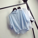 2016新款韩版夏季棉麻短款女装衬衫蝙蝠袖短袖立领百搭条纹白衬衣
