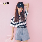LRUD2016夏季新款韩版宽松条纹撞色短袖女学院风圆领百搭休闲T恤
