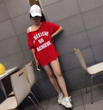 2016夏季新款韩国一字领中长款字母印花露肩短袖宽松T恤上衣女潮