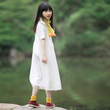 ourfour原创设计2016春夏文艺范棉麻女童纯色裙子白色短袖连衣裙