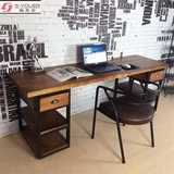 铁艺台式电脑桌实木办公桌双人仿复古抽屉书桌家用抽屉柜酒店包邮