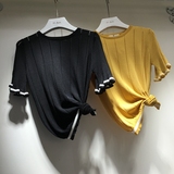 韩国东大门订单夏季女装新品圆领套头喇叭花边袖修身镂空针织衫