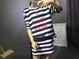 2016春款韩版条纹短裙两件套字母刺绣圆领宽松长袖卫衣T恤套装女