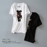 韩版 纯棉迷彩植绒暴力小熊熊显瘦百搭短袖圆领T恤打底衫 外穿女T