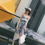 Danye2016夏新款宽松拼接网纱吊带长裙露背度假印花连衣裙女裙子