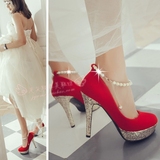 白色婚鞋珍珠一字扣带大码防水台高跟鞋女性感红鞋细跟单鞋新娘鞋