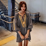 韩国代购女装2016夏新款宽松大码格子中长半开领灯笼袖衬衫 上衣