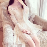 iFashion秋装新款名媛气质镂空蕾丝花朵方领喇叭袖甜美公主连衣裙