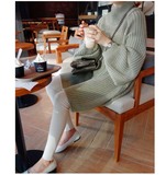 2016秋季新款韩版宽松学院风中长款灯笼袖针织衫女套头毛衣连衣裙