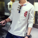 春季民族风男装亚麻中国风复古T恤男修身型圆领长袖纯色大码刺绣