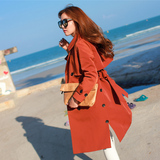 韩国代购2015春装新款中长款韩版修身外套酒红色双排扣女式风衣潮