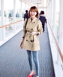 韩国代购2016秋装新款英伦经典中长款女士风衣 全棉修身系带外套