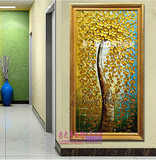 欧式手绘客厅有框油画玄关金色发财树竖版走廊过道装饰画楼梯油画