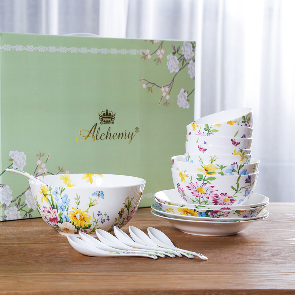 Flower sea bone porcelain tableware set Creative plate dishes Household rice bowl Ceramic gift home practical