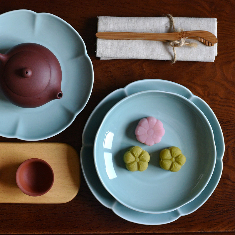 Chinese-style beauty retro Kwaikou plate hand-made ceramic tableware food photo plate rice plate home dish green porcelain plate