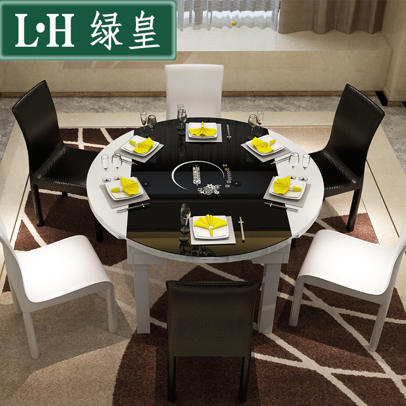 Tempered glass folding table retractable dining table small household home modern simple multi-functional solid wood 6 people round