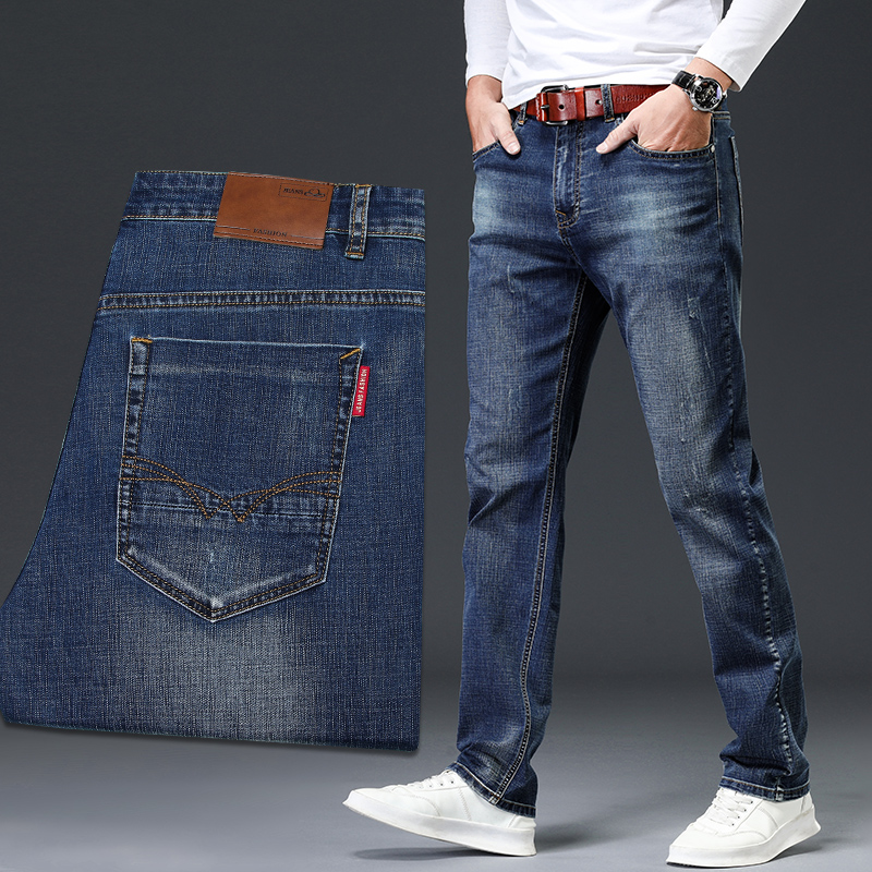 Summer thin blue-grey high-end jeans mens straight loose youth casual pants retro wash mens pants