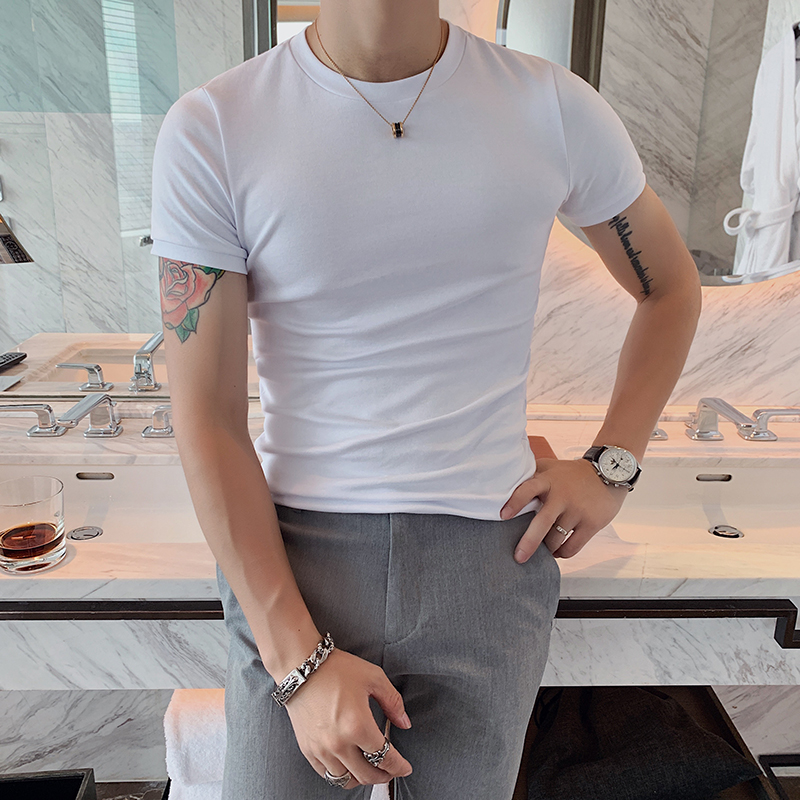 British summer clean color elastic t-shirt comfortable slimming net red short-sleeved T-shirt male Korean version of the 100-tie bottom shirt tide