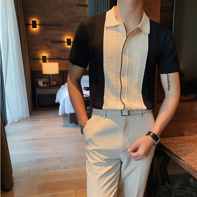 Summer thin crash color hollow breathable knitted POLO shirt mens Korean version fashion slim short-sleeved ice wire lapel T-shirt