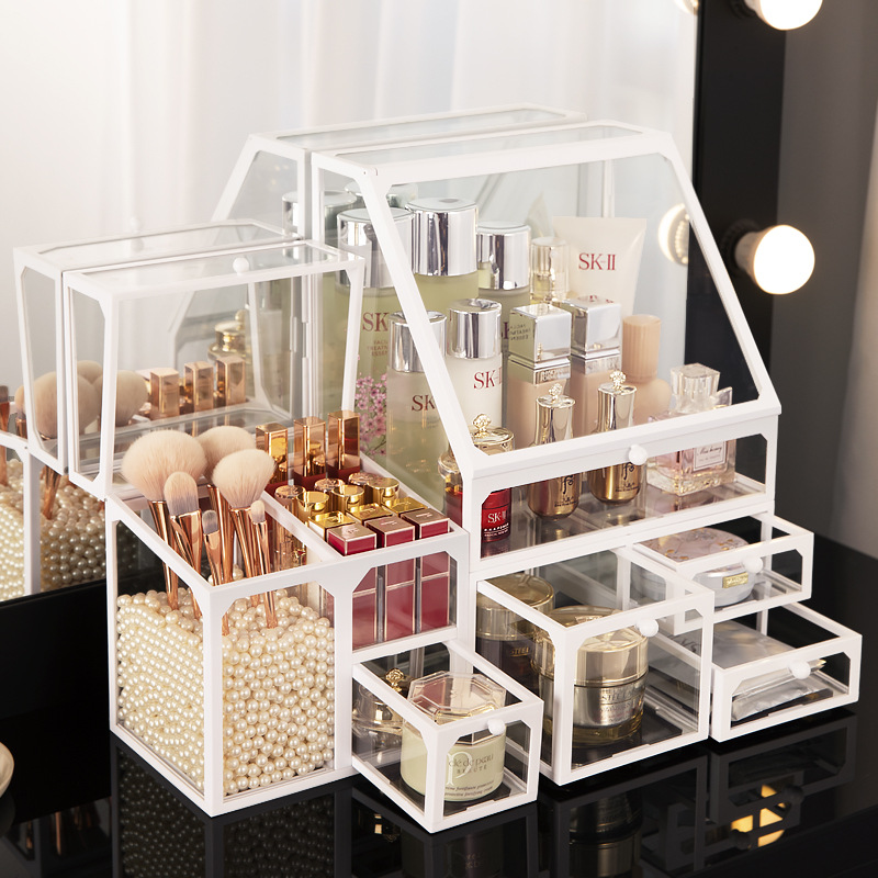Glass cosmetics storage box tabletop dust-proof plastic border skin care rack lipstick dresser