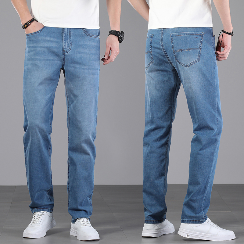 Spring 2021 new light-colored jeans mens loose-fitting straight casual 100-pair elastic trousers spring and autumn mens pants
