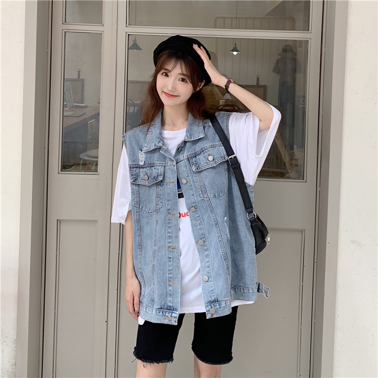 Denim vest women loose Korean version of vintage off-the-shoulder wearing vest top spring and autumn stacked through the hole-in-one jacket tide