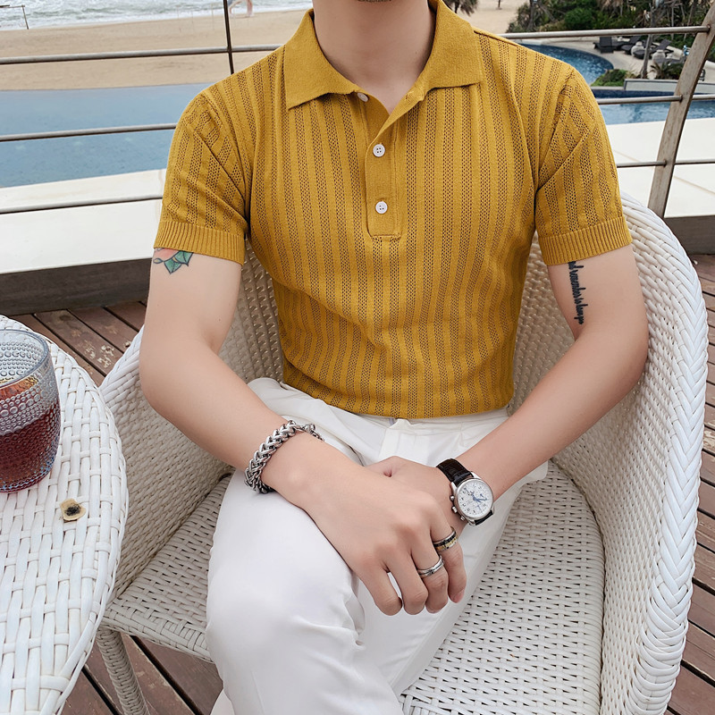 2021 new summer knitted short-sleeve polo shirt mens slimmed-down Korean version of the trend personality hollow ice silk lapel T-shirt