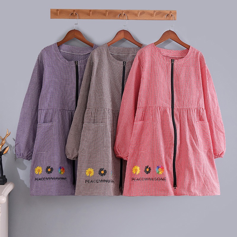 Apron hooded zip-up clothing European-style hoodie mother long increase Korean aquatic print cotton creative cooking clothes textile