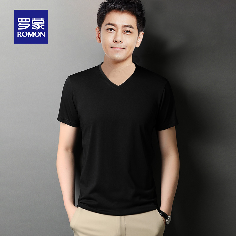 Lomond short-sleeved T-shirt mens summer black half-sleeved V-neck T-shirt top mulberry silk fashion casual loose t-shirt