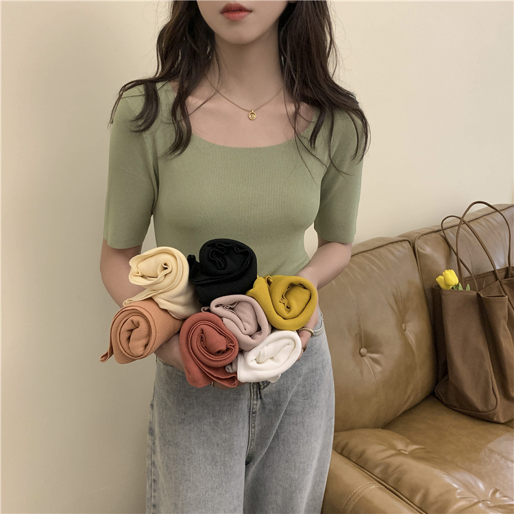 Square collar knitted short-sleeved t-shirt womens summer slim silk thin low-necked thin bottom shirt heart machine collarbone top