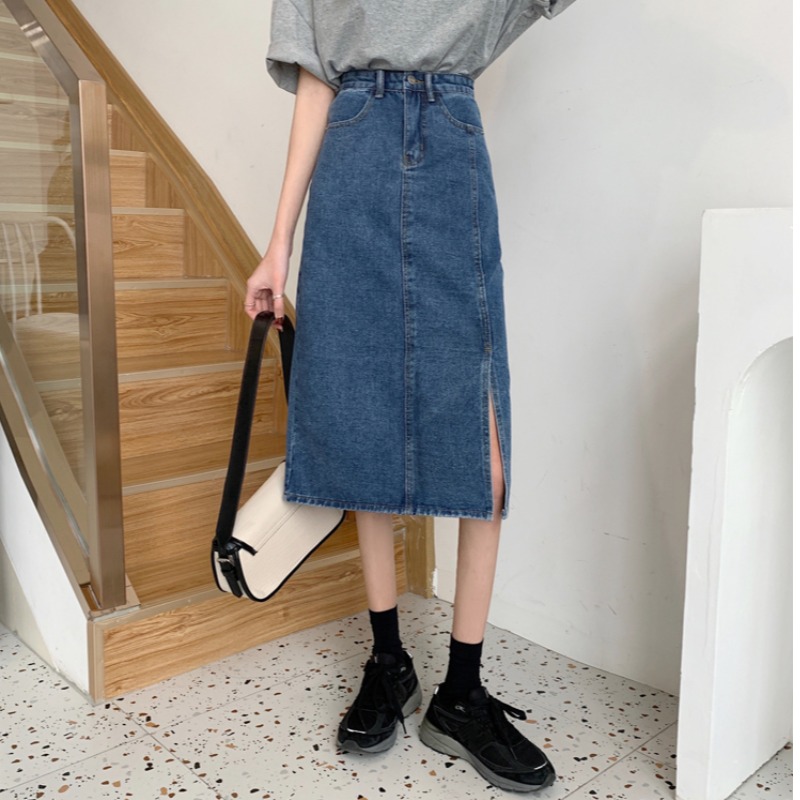 Design sense open-cut skirt high-waisted a-word straight skirt loose thin cover mid-length skirt womens summer