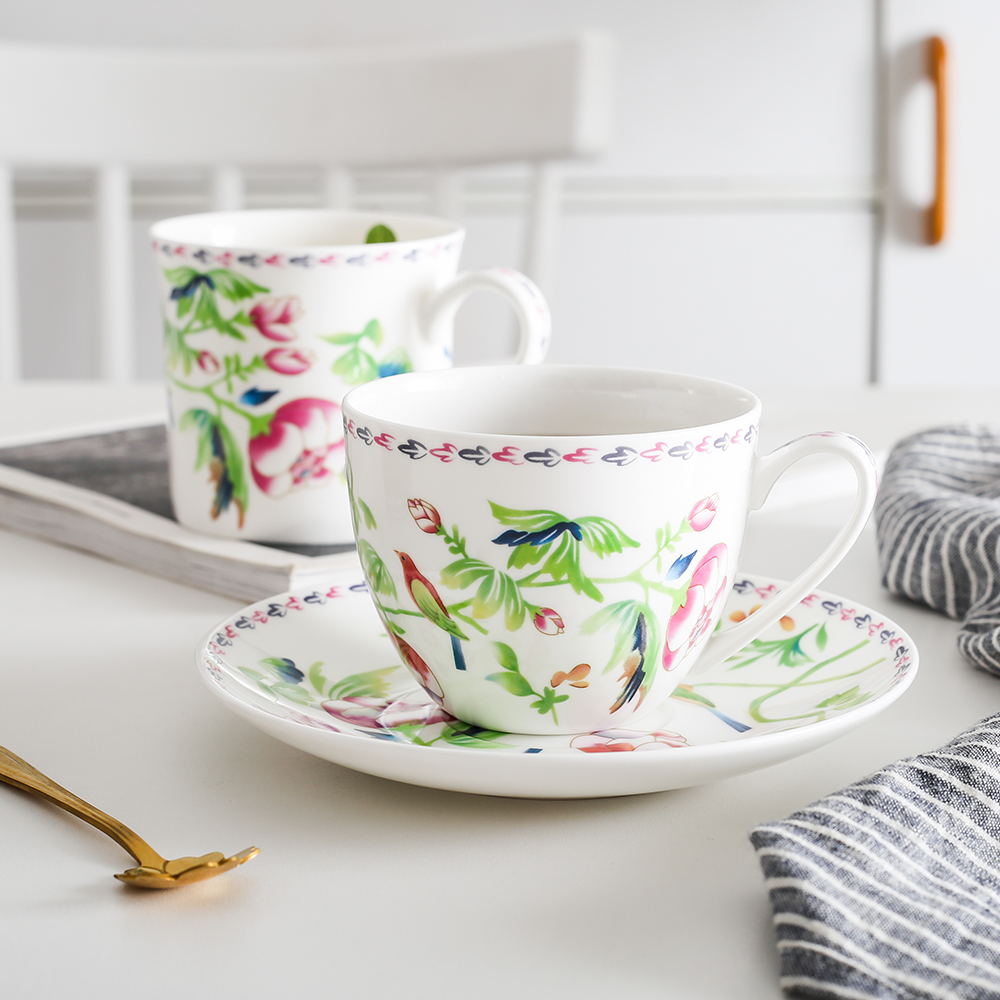Bone porcelain high-grade English black tea coffee cup dish milk mug European-style creative festive home ceramic flower bird