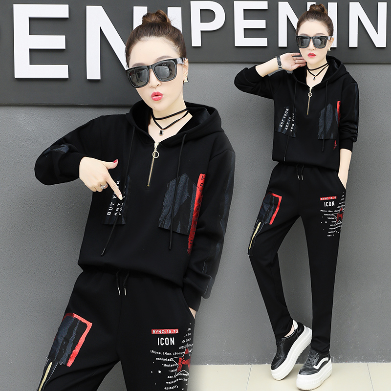 Wei clothing suit womens autumn and winter 2018 new Korean version of fashion loose leisure sports thick plus velvet two-piece set tide