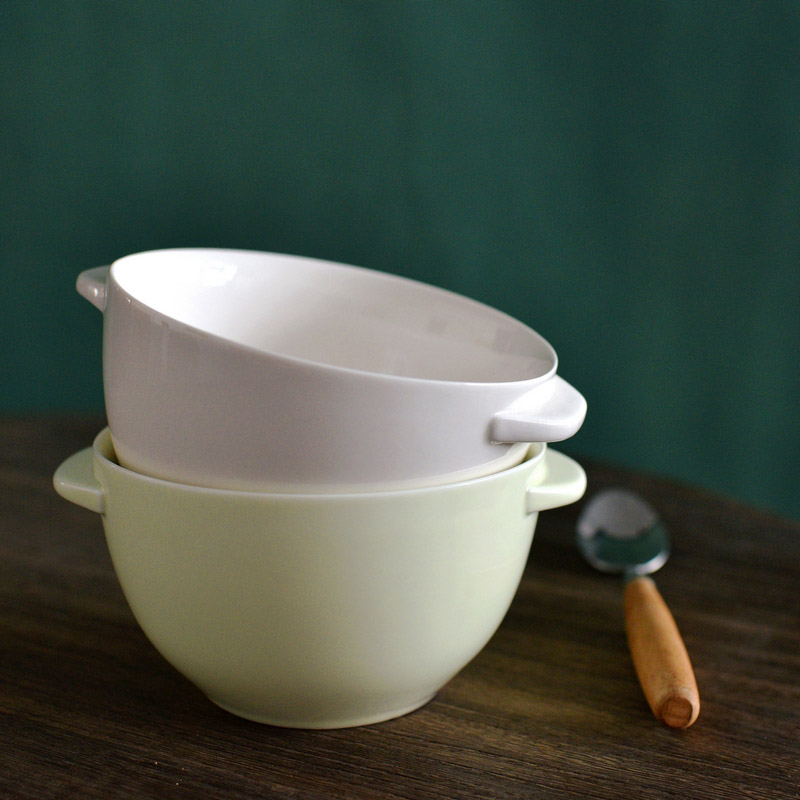 French two-ear ceramic fresh bowl refrigerator storage bowl adult pot when bowl oven microwave with bowl home solid color