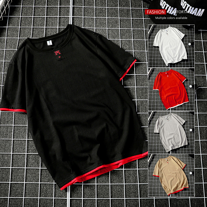 Fake two short-sleeved t-shirt mens summer thin simple 100-piece loose cotton on the clothes with a round collar undershirt