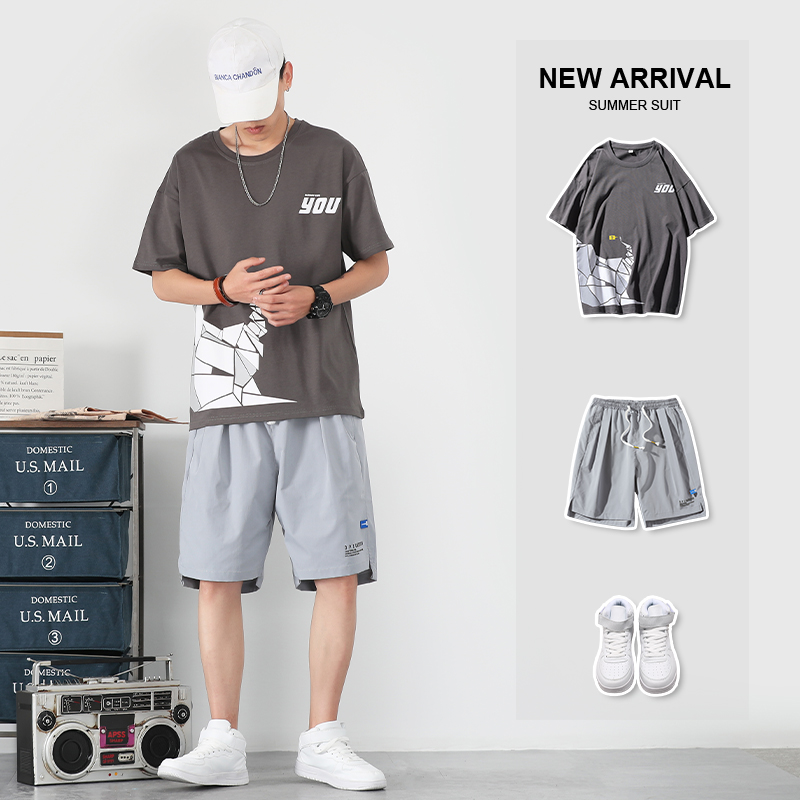 Short-sleeved t-shirt suit 2020 new summer casual loose-fitting top ins port wind half-sleeve trend trendy clothes men