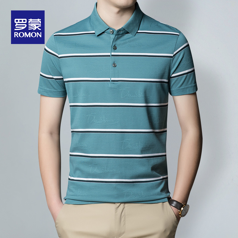 Lomonsan silk short-sleeved lapel t-shirt mens summer new casual striped business Polo shirt half-sleeved bottoms