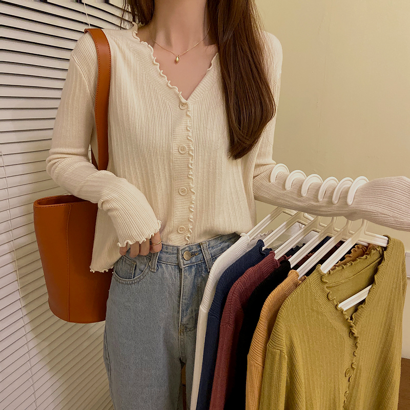 Short top high waist with wide-legged pants long-sleeved t-shirt womens new loose cardigan v collar bottom sweater