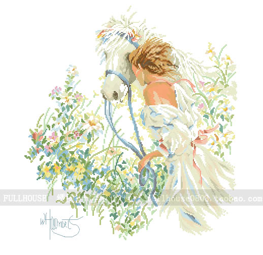 Cross-stitch electronic map redraw source file - Lanarte-33829 White Horse woman character small fresh