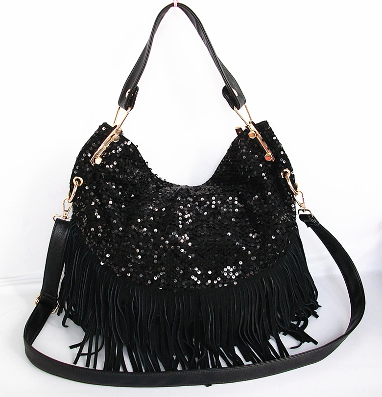 贝瑟芬妮女包大包2014新款黑色欧美亮片包流苏包时尚单肩斜挎包包