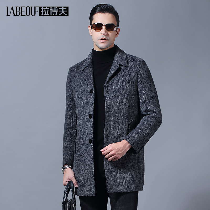 LaBov wool coat male middle-old turn collar large rip loose thick business hair business medium long coat