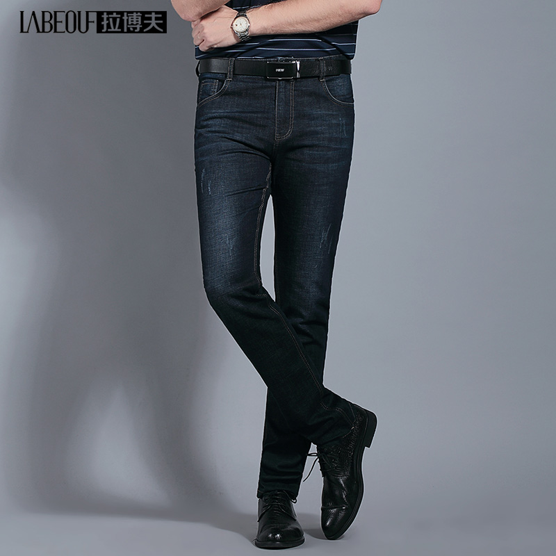 LaBov spring 2021 mens cotton denim trousers middle-age business casual mid-waist straight leather jeans man