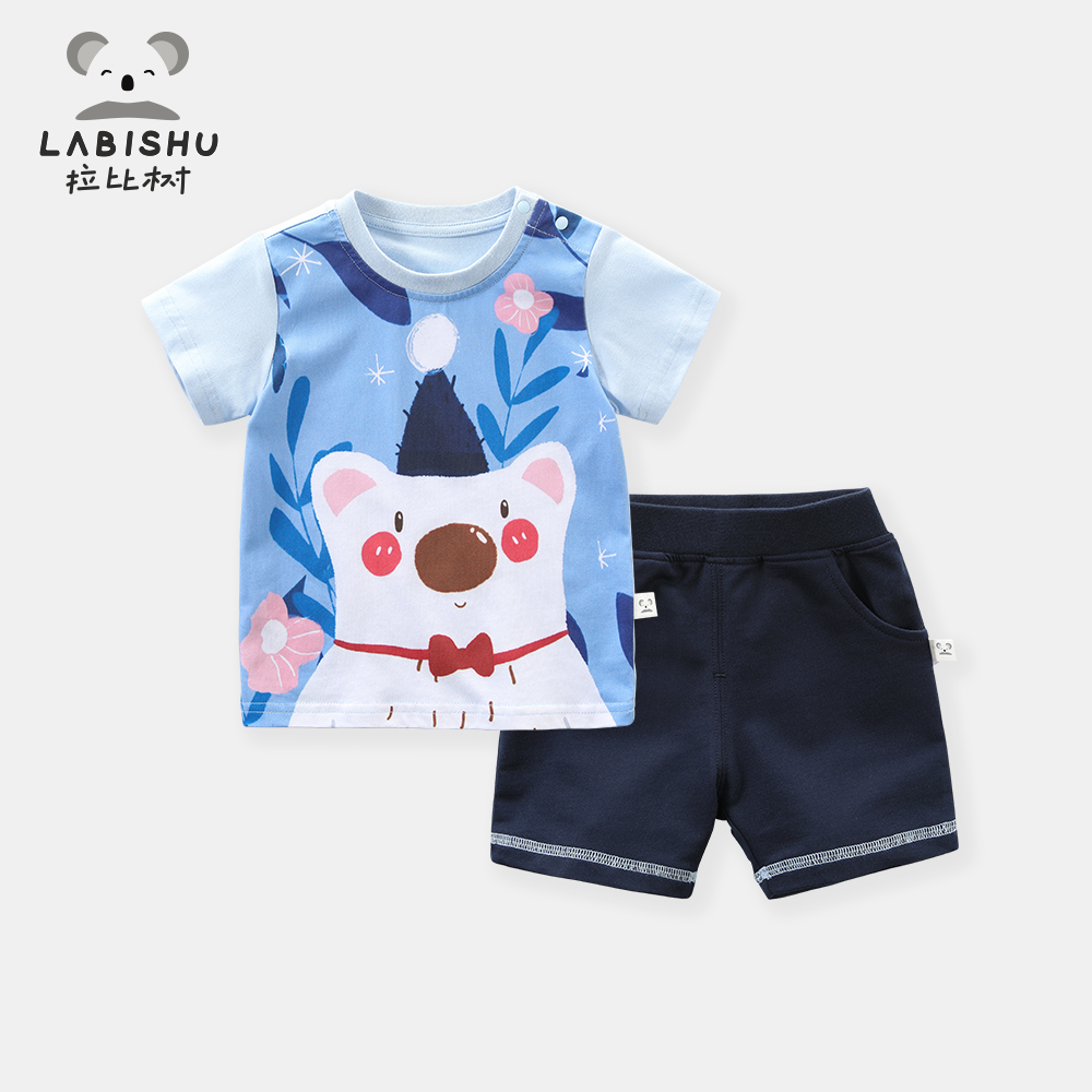 Rabbi Tree Boys Short Sleeve Set Baby T-Shirt Childrens Summer Wear New Shorts Yang Gas 2 Piece Set Cotton