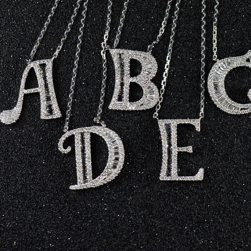 3d curved version 18k white gold hetero-ladder T square diamond letter chain necklace 26-letter pendant collarbone chain