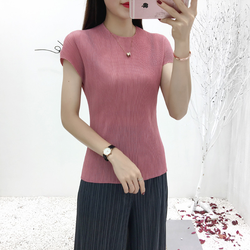 Three house pleated top women 2020 summer popular elastic life big size fat mm thin bottom T-shirt outside wear